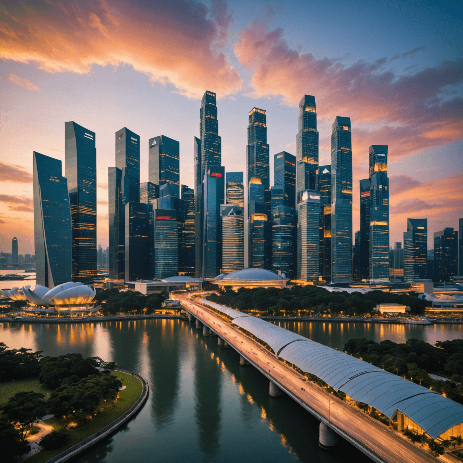 Singapore's bustling financial district skyline at sunset, showcasing modern skyscrapers and the iconic Marina Bay Sands