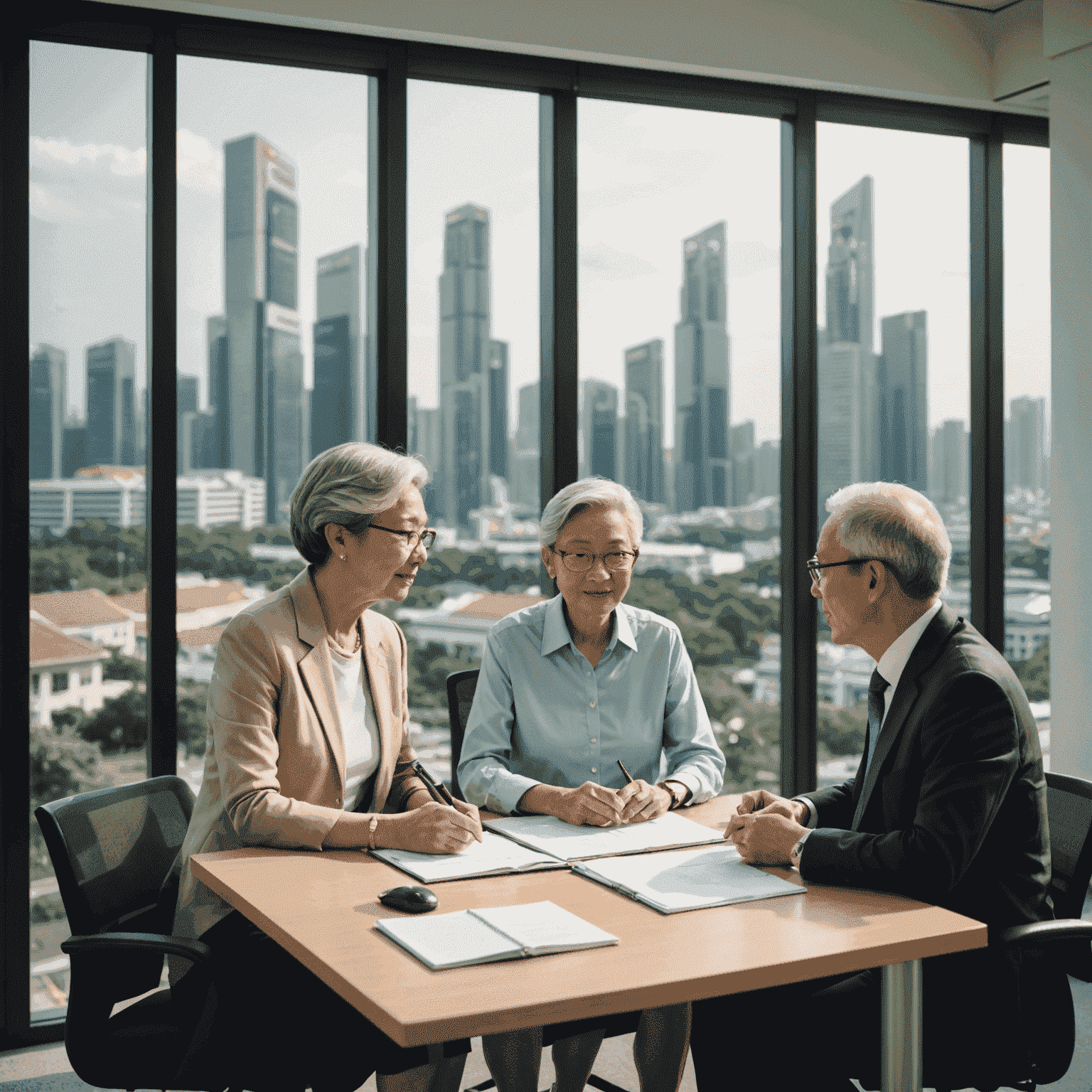 Elderly couple discussing retirement plans with a financial planner, Singapore skyline visible through office window