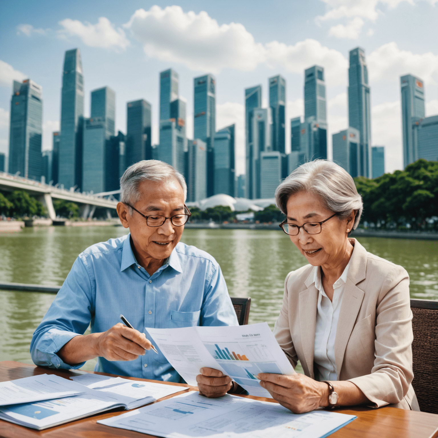 Senior couple reviewing financial documents with Singapore's cityscape in the background, illustrating retirement planning strategies