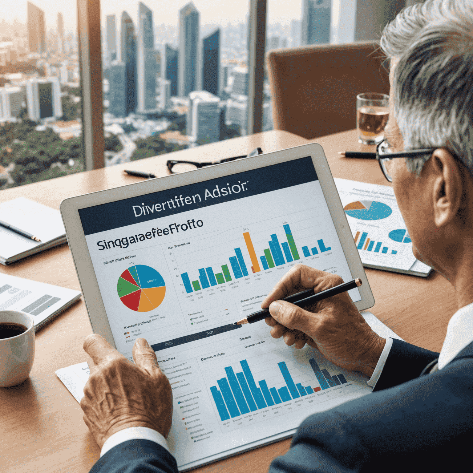 Financial advisor presenting diversified portfolio to senior client, with Singapore economic trends chart in background