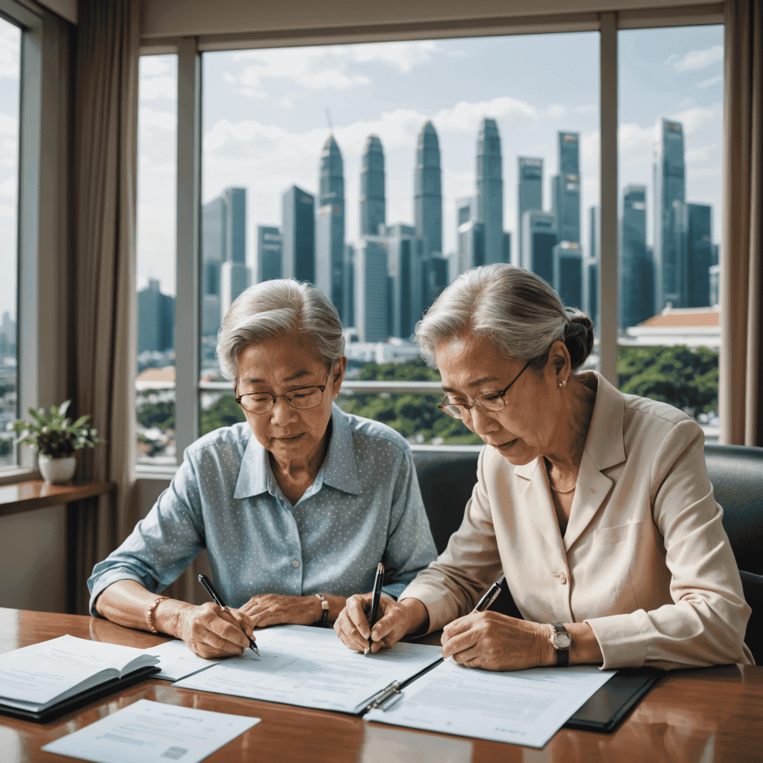 Elderly couple signing estate planning documents, with Singapore skyline visible through window